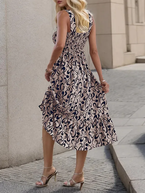 A-Line Cami Midi Dress in Geo Print with Smocked Bodice