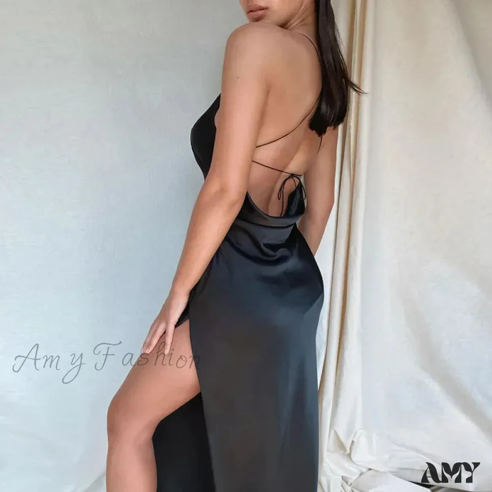 Amy Fashion - Satin Spaghetti Strap Summer Split   V-neck Elegant Sleeveless Backless Club Party Outfits Sexy