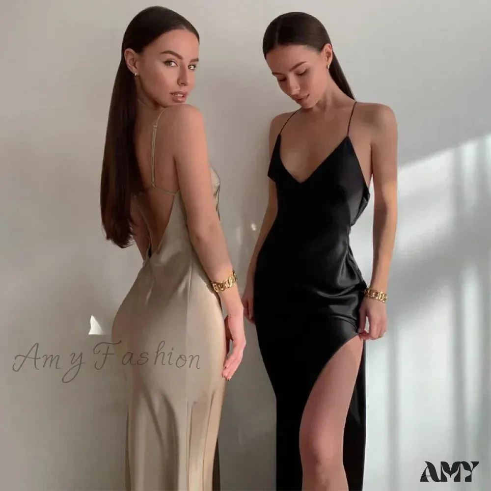 Amy Fashion - Satin Spaghetti Strap Summer Split   V-neck Elegant Sleeveless Backless Club Party Outfits Sexy