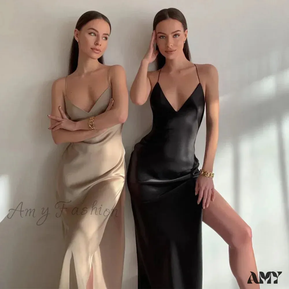 Amy Fashion - Satin Spaghetti Strap Summer Split   V-neck Elegant Sleeveless Backless Club Party Outfits Sexy