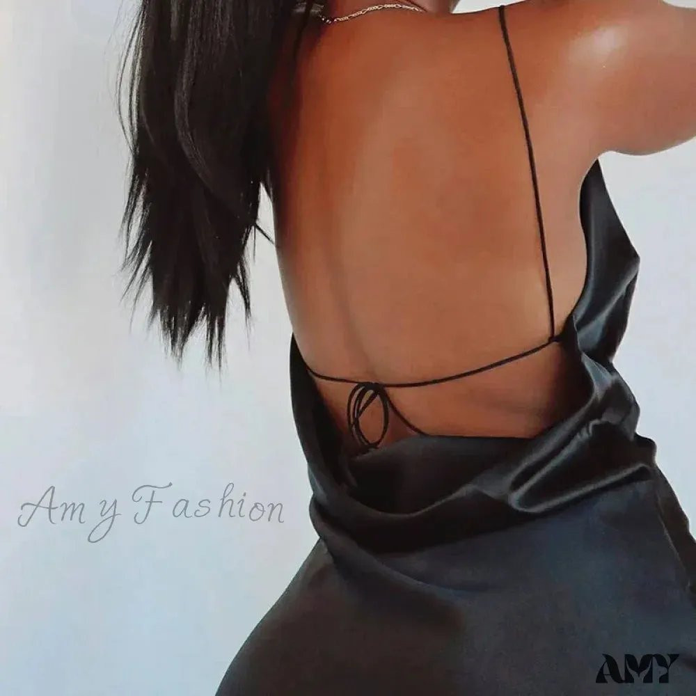 Amy Fashion - Satin Spaghetti Strap Summer Split   V-neck Elegant Sleeveless Backless Club Party Outfits Sexy