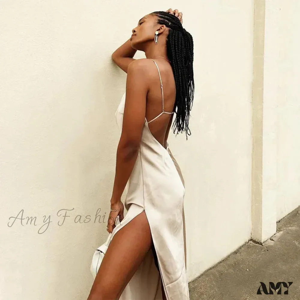 Amy Fashion - Satin Spaghetti Strap Summer Split   V-neck Elegant Sleeveless Backless Club Party Outfits Sexy