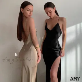 Amy Fashion - Satin Spaghetti Strap Summer Split   V-neck Elegant Sleeveless Backless Club Party Outfits Sexy