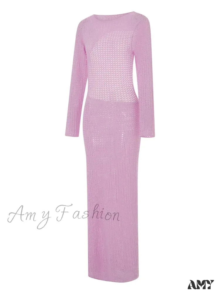 Amy Fashion - Sexy Women Knitted   Sleeve Crew Neck Backless Solid Slim Fit Spring Autumn Female Vestidos