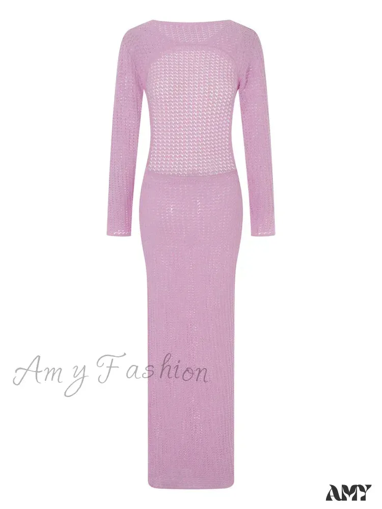 Amy Fashion - Sexy Women Knitted   Sleeve Crew Neck Backless Solid Slim Fit Spring Autumn Female Vestidos