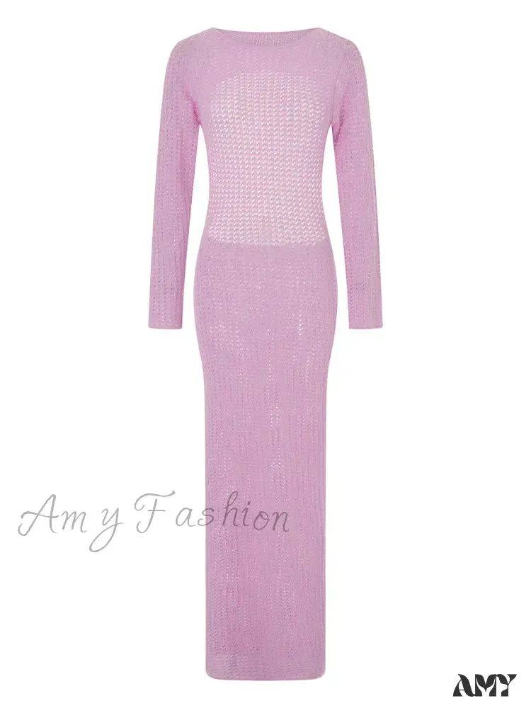 Amy Fashion - Sexy Women Knitted   Sleeve Crew Neck Backless Solid Slim Fit Spring Autumn Female Vestidos
