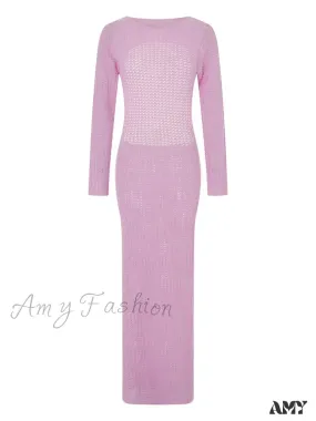Amy Fashion - Sexy Women Knitted   Sleeve Crew Neck Backless Solid Slim Fit Spring Autumn Female Vestidos