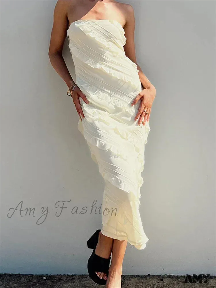 Amy Fashion - Strapless Off Shoulder Tube  Elegant Women Ruffles  Summer Party Bodycon Solid Female Vestidos