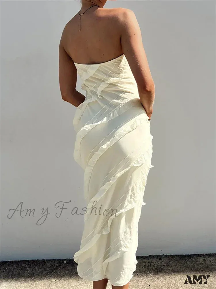 Amy Fashion - Strapless Off Shoulder Tube  Elegant Women Ruffles  Summer Party Bodycon Solid Female Vestidos