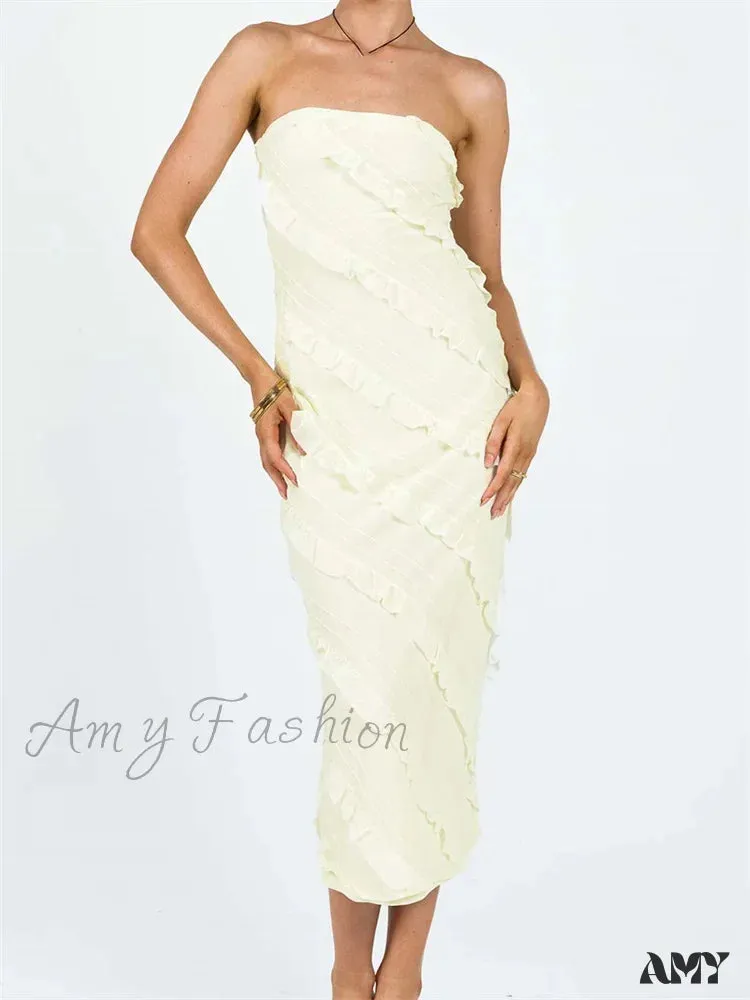 Amy Fashion - Strapless Off Shoulder Tube  Elegant Women Ruffles  Summer Party Bodycon Solid Female Vestidos