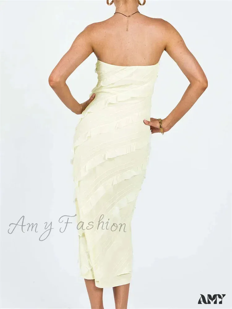 Amy Fashion - Strapless Off Shoulder Tube  Elegant Women Ruffles  Summer Party Bodycon Solid Female Vestidos