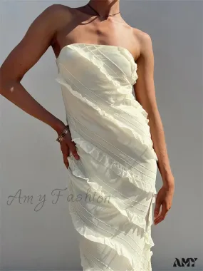 Amy Fashion - Strapless Off Shoulder Tube  Elegant Women Ruffles  Summer Party Bodycon Solid Female Vestidos