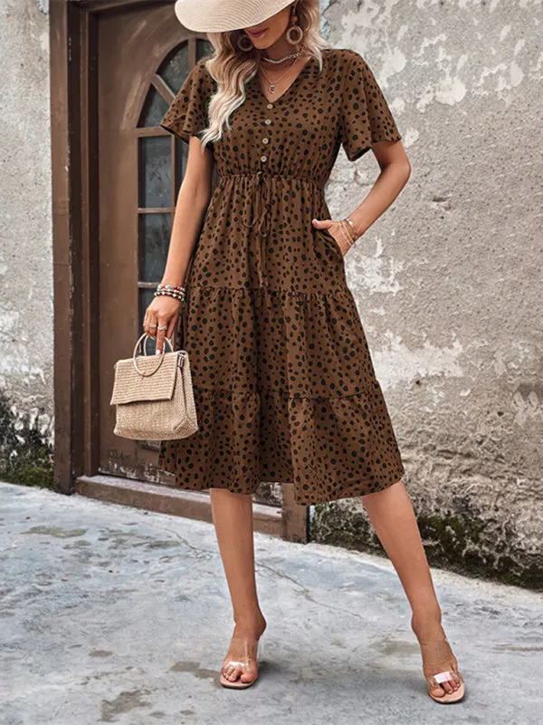 Animal Print Tiered Midi Dress with Tie Waist & Short Sleeves