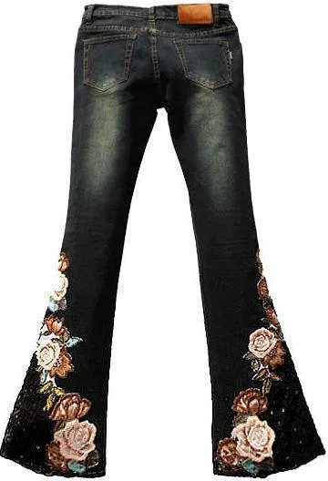 Beaded Floral Embroidered Flared Jeans