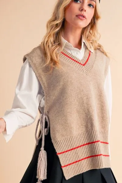 Beige Ribbed V-Neck Sweater Vest with Tassels – Chic Layering Piece for Preppy & Casual Looks