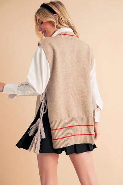 Beige Ribbed V-Neck Sweater Vest with Tassels – Chic Layering Piece for Preppy & Casual Looks