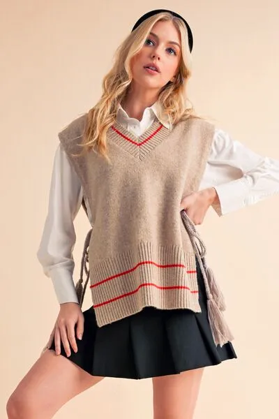 Beige Ribbed V-Neck Sweater Vest with Tassels – Chic Layering Piece for Preppy & Casual Looks