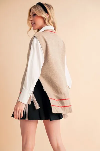 Beige Ribbed V-Neck Sweater Vest with Tassels – Chic Layering Piece for Preppy & Casual Looks