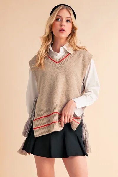 Beige Ribbed V-Neck Sweater Vest with Tassels – Chic Layering Piece for Preppy & Casual Looks