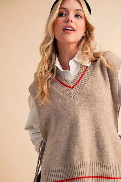 Beige Ribbed V-Neck Sweater Vest with Tassels – Chic Layering Piece for Preppy & Casual Looks
