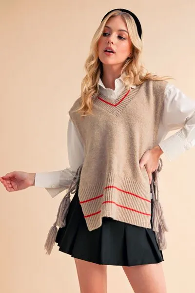 Beige Ribbed V-Neck Sweater Vest with Tassels – Chic Layering Piece for Preppy & Casual Looks