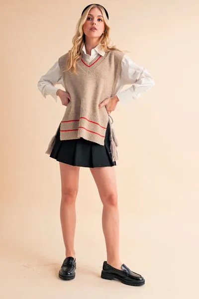 Beige Ribbed V-Neck Sweater Vest with Tassels – Chic Layering Piece for Preppy & Casual Looks
