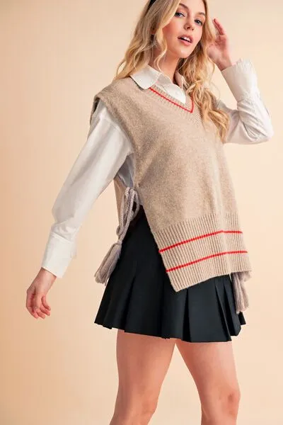 Beige Ribbed V-Neck Sweater Vest with Tassels – Chic Layering Piece for Preppy & Casual Looks
