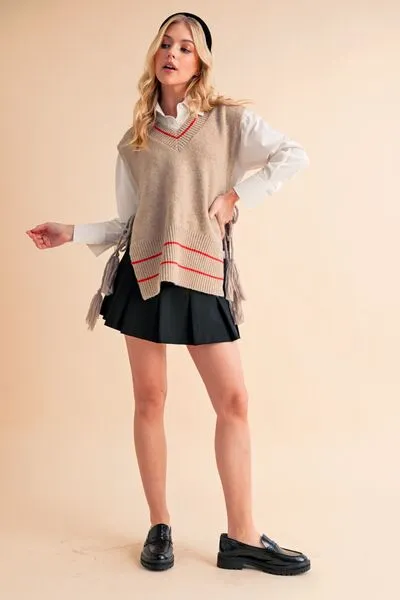 Beige Ribbed V-Neck Sweater Vest with Tassels – Chic Layering Piece for Preppy & Casual Looks