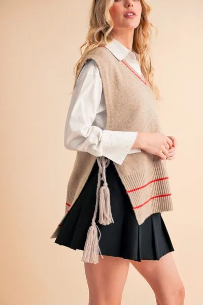 Beige Ribbed V-Neck Sweater Vest with Tassels – Chic Layering Piece for Preppy & Casual Looks