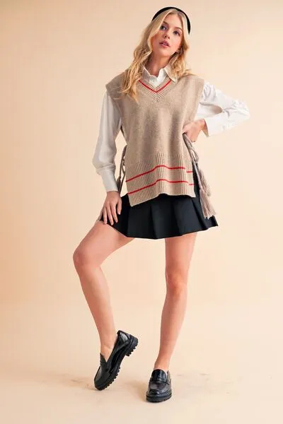 Beige Ribbed V-Neck Sweater Vest with Tassels – Chic Layering Piece for Preppy & Casual Looks