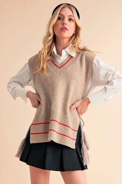 Beige Ribbed V-Neck Sweater Vest with Tassels – Chic Layering Piece for Preppy & Casual Looks