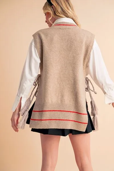 Beige Ribbed V-Neck Sweater Vest with Tassels – Chic Layering Piece for Preppy & Casual Looks