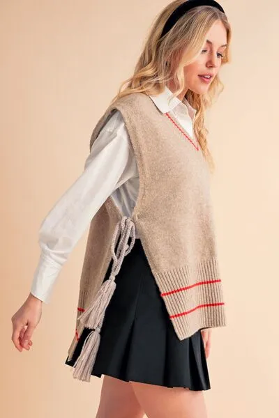 Beige Ribbed V-Neck Sweater Vest with Tassels – Chic Layering Piece for Preppy & Casual Looks