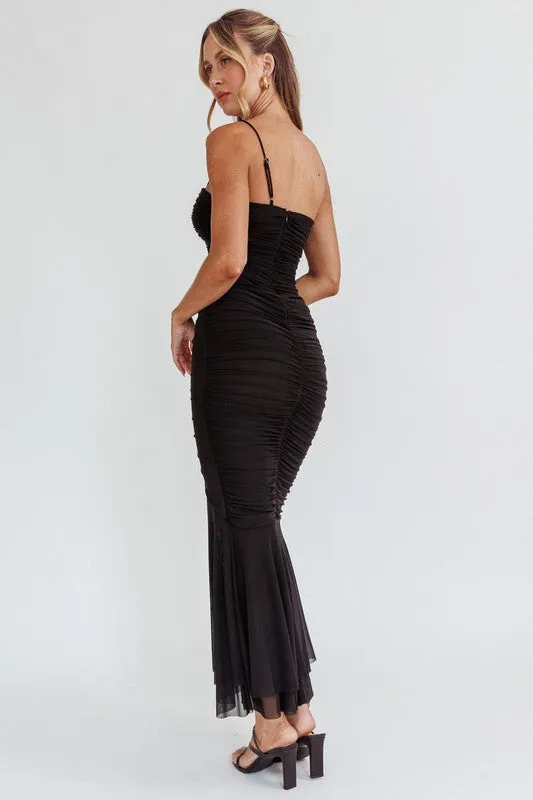 Black One Shoulder Knit Ruched Detail Maxi Dress