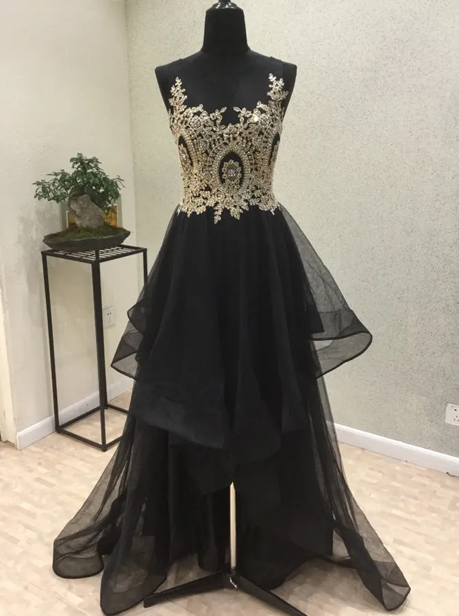 Black Tulle Prom Dresses,Ruffled Prom Dresses,Long Prom Dress,PD00369