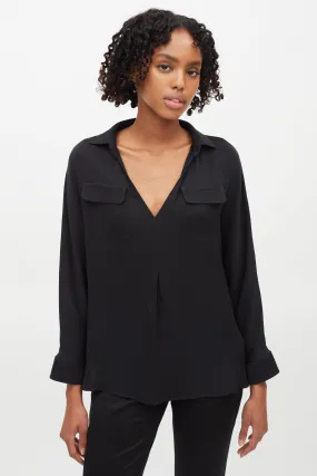 Black V-Neck Two Pocket Blouse