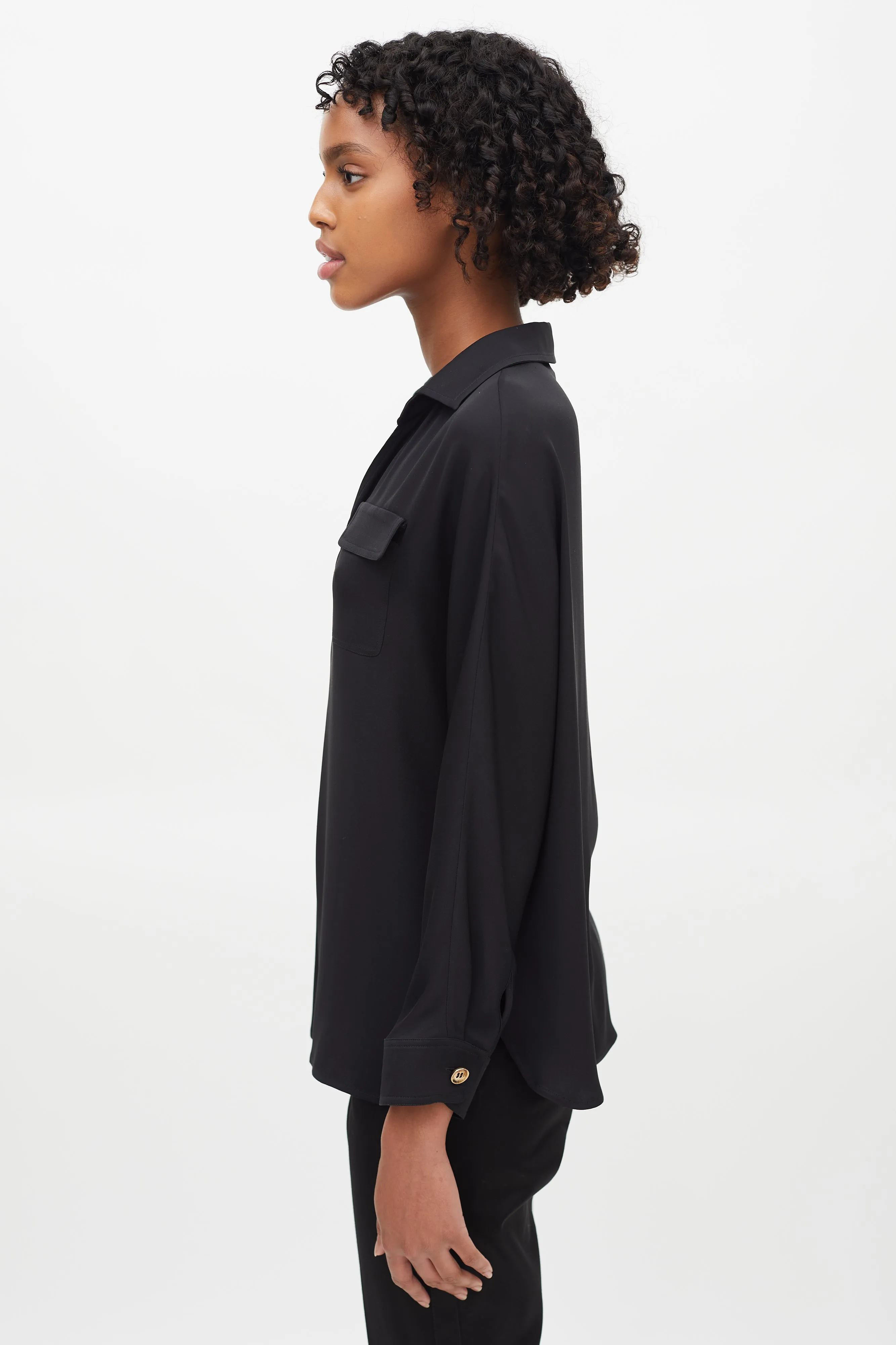 Black V-Neck Two Pocket Blouse