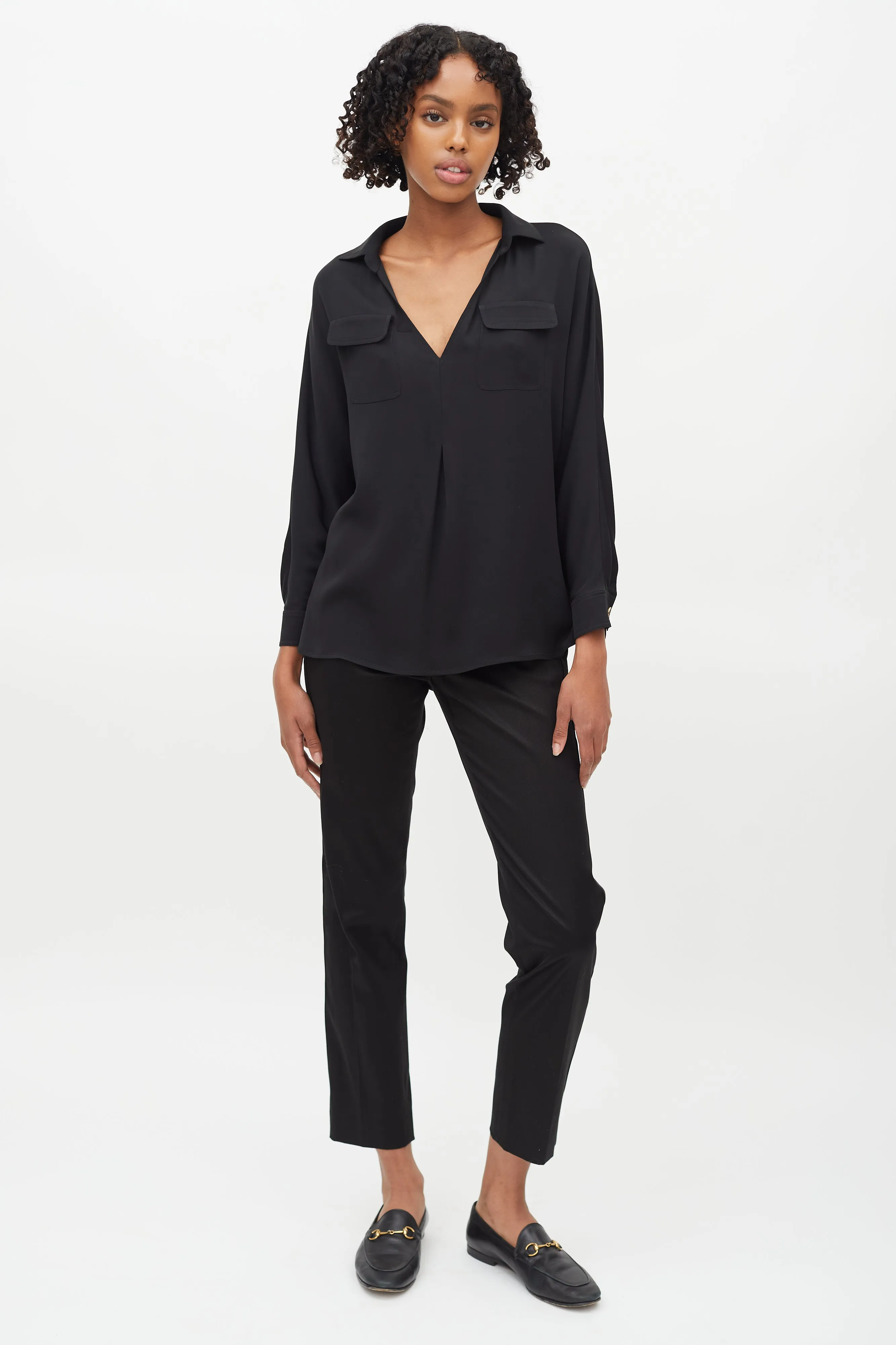 Black V-Neck Two Pocket Blouse