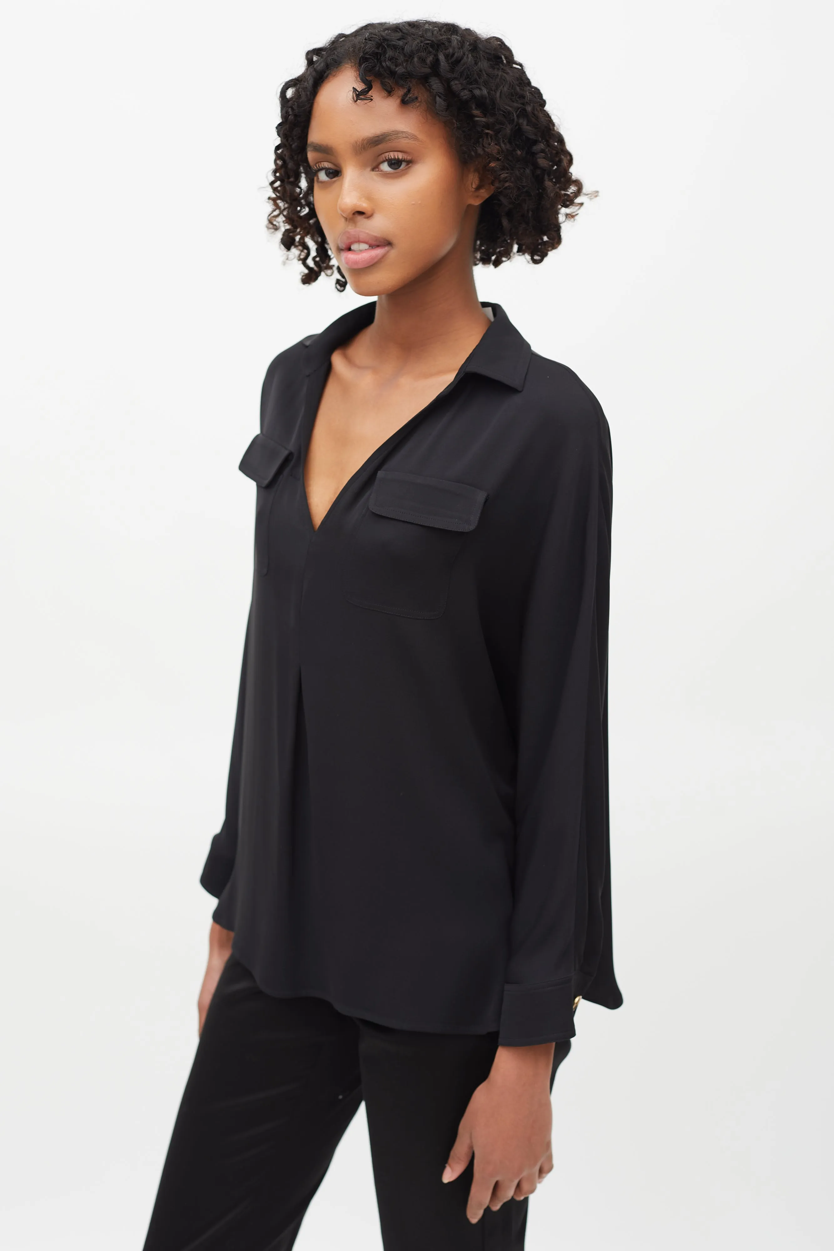 Black V-Neck Two Pocket Blouse