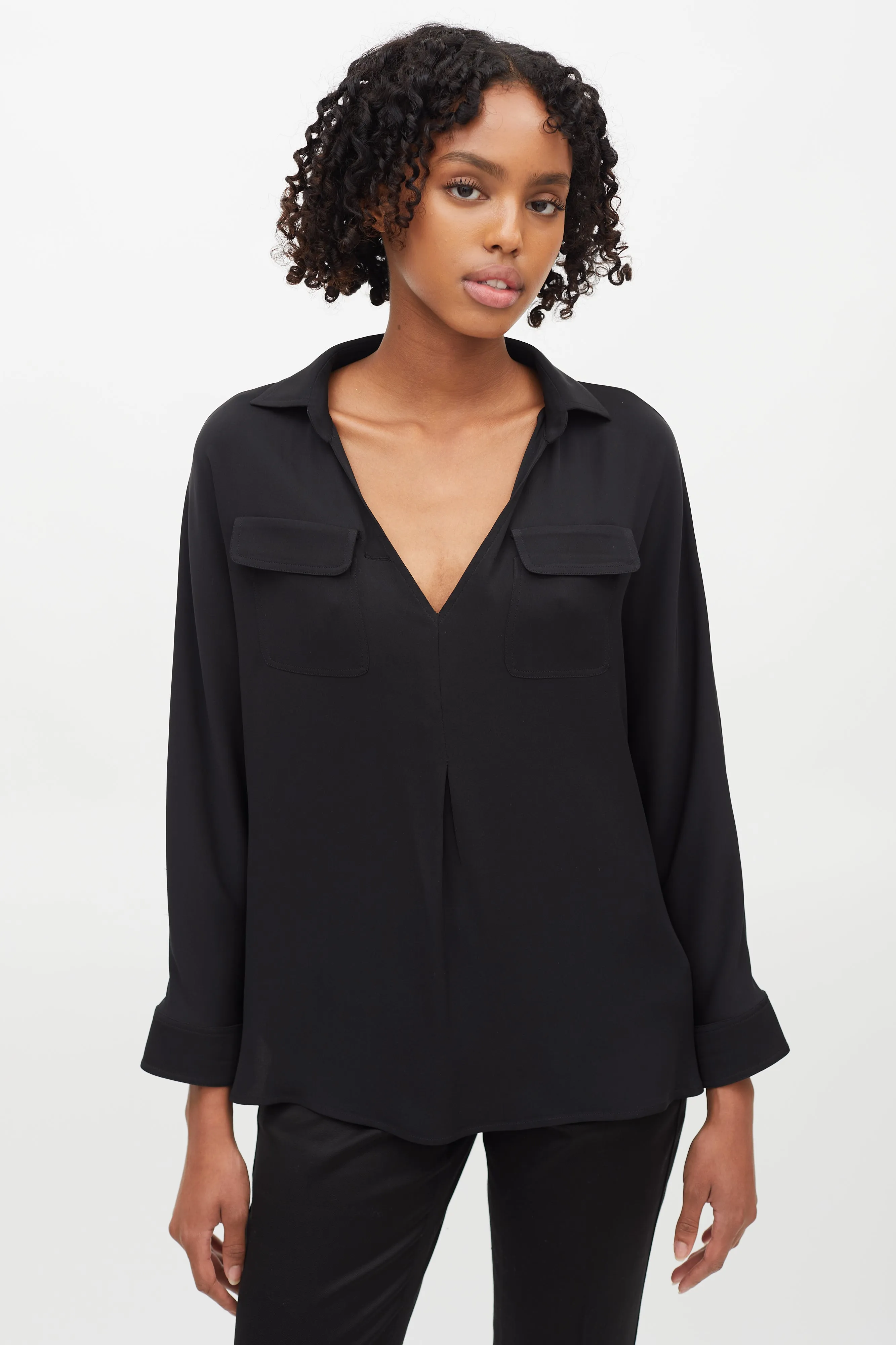Black V-Neck Two Pocket Blouse