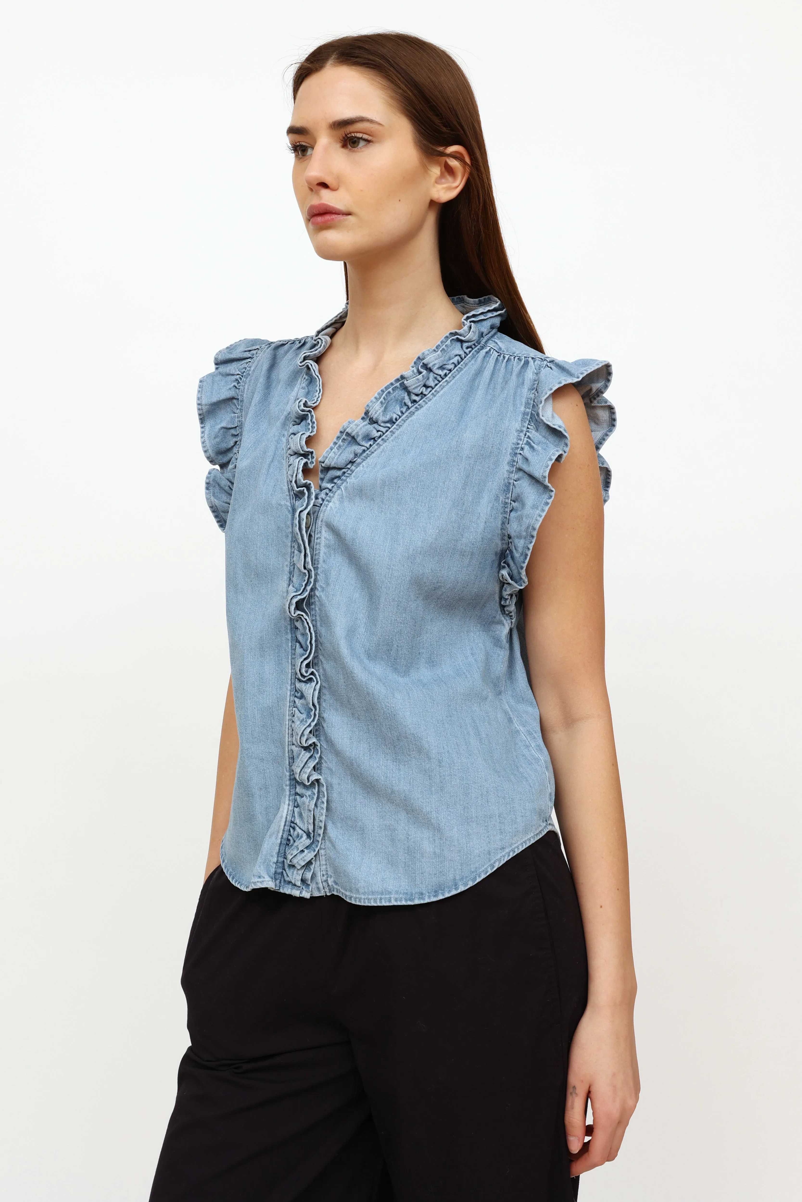 Blue Chambray Ruffle Top