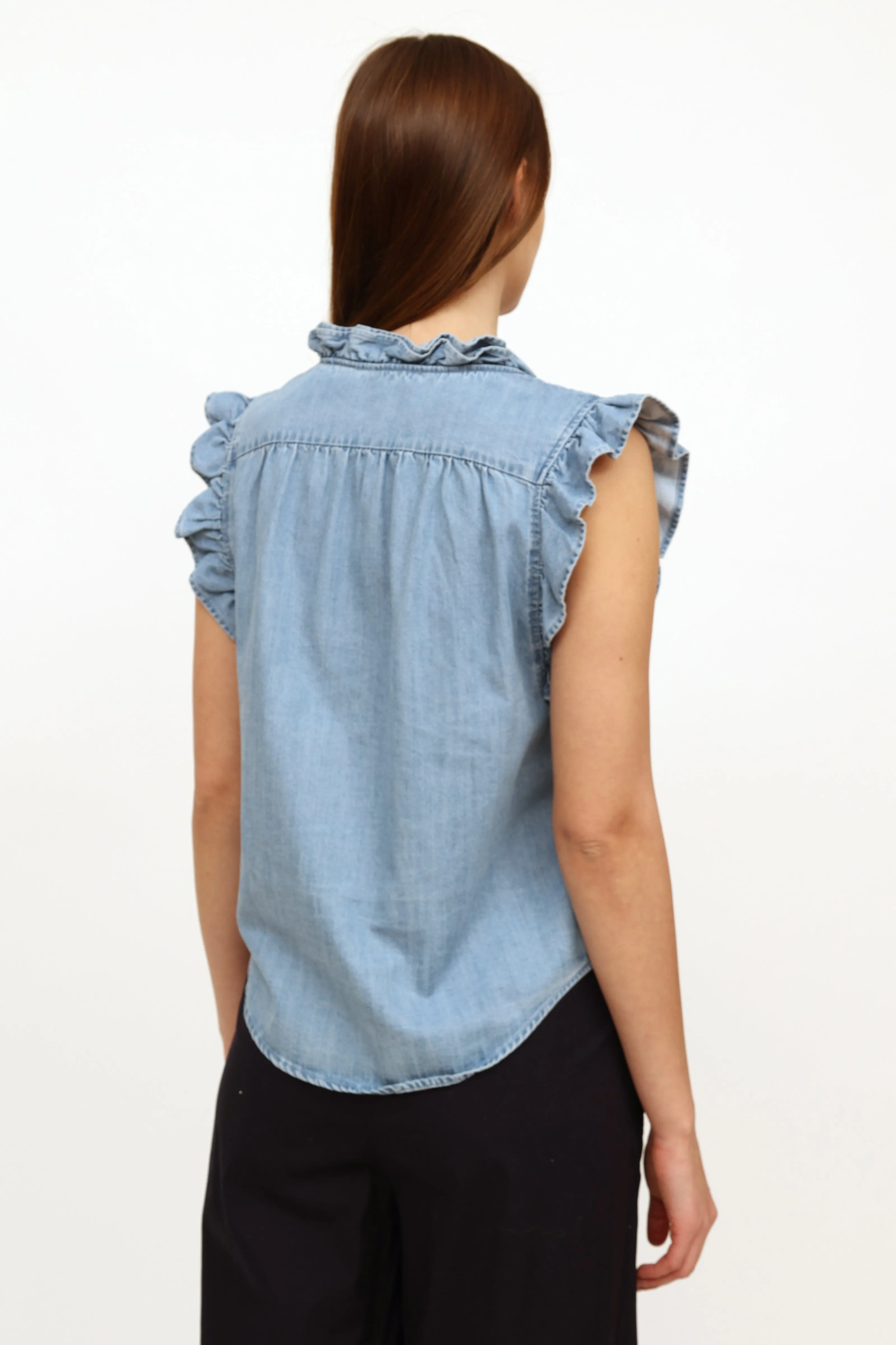 Blue Chambray Ruffle Top