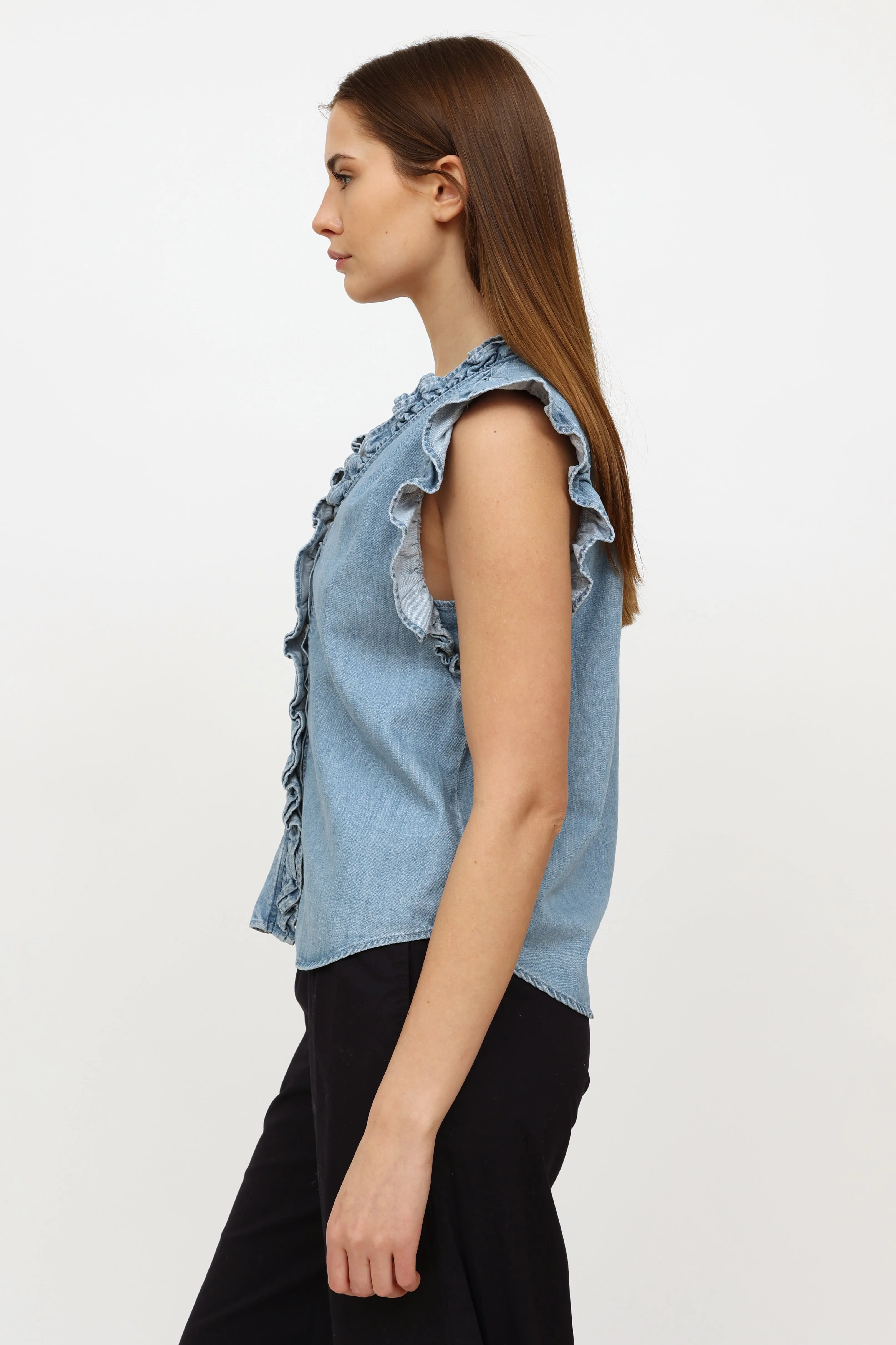 Blue Chambray Ruffle Top