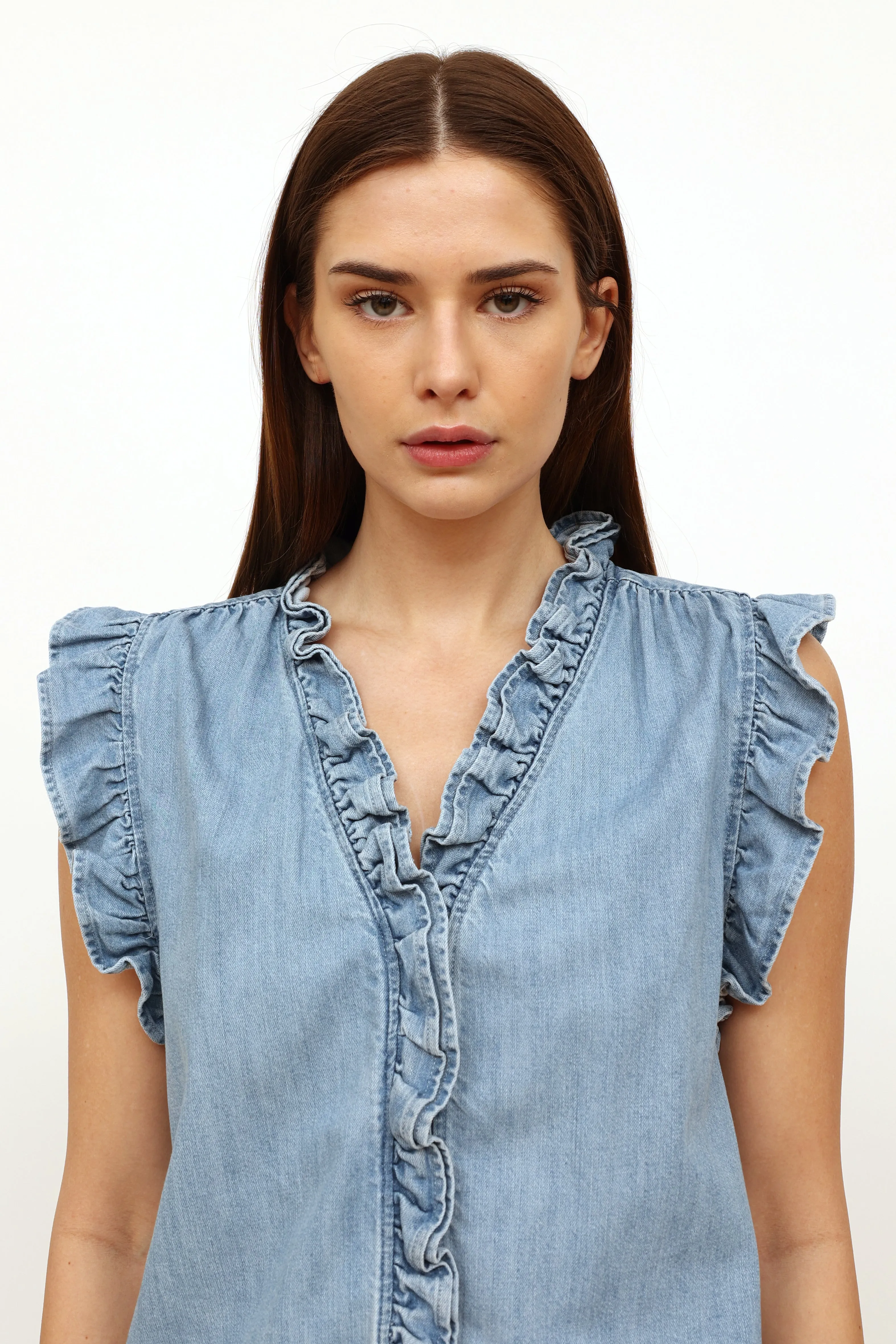 Blue Chambray Ruffle Top