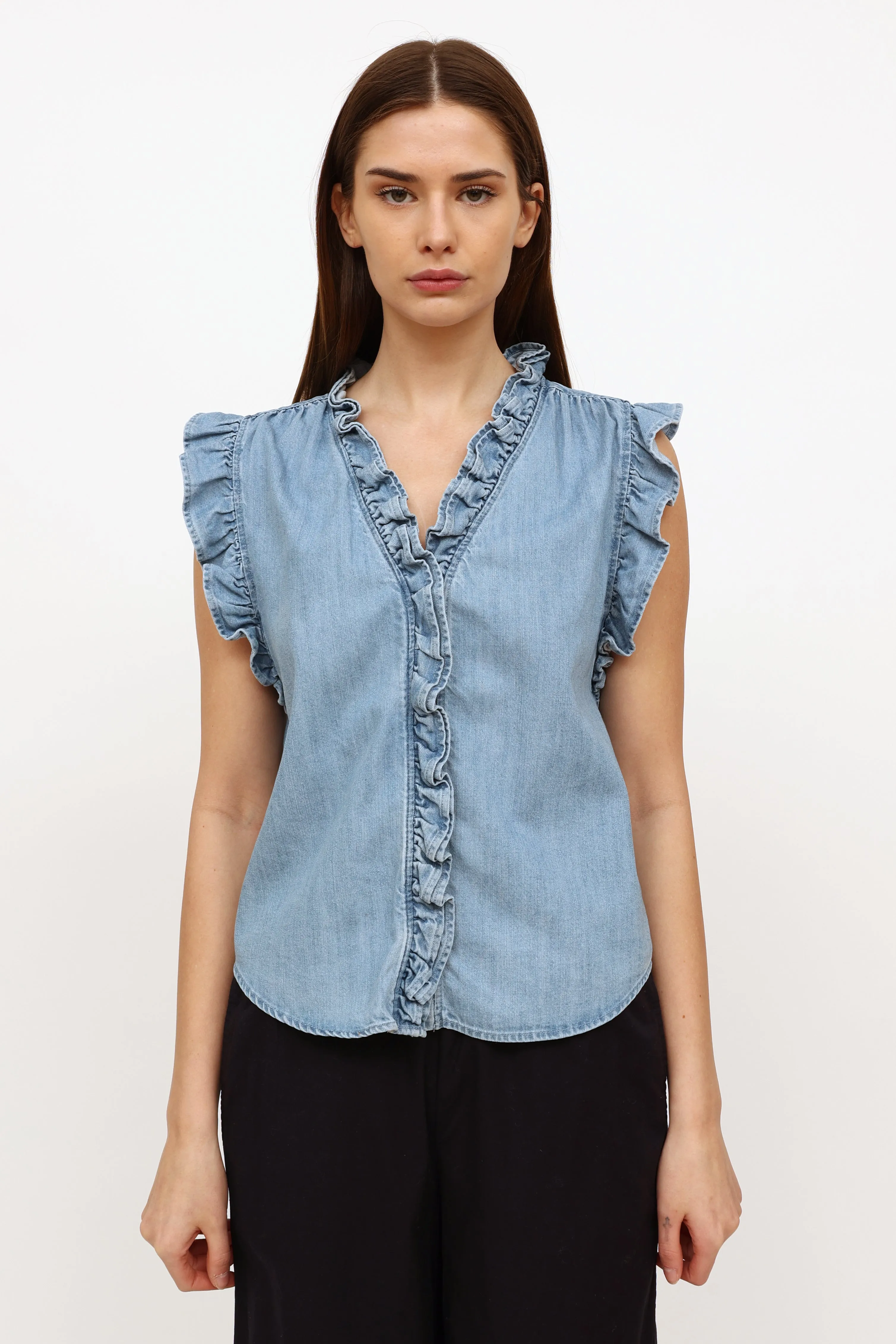 Blue Chambray Ruffle Top