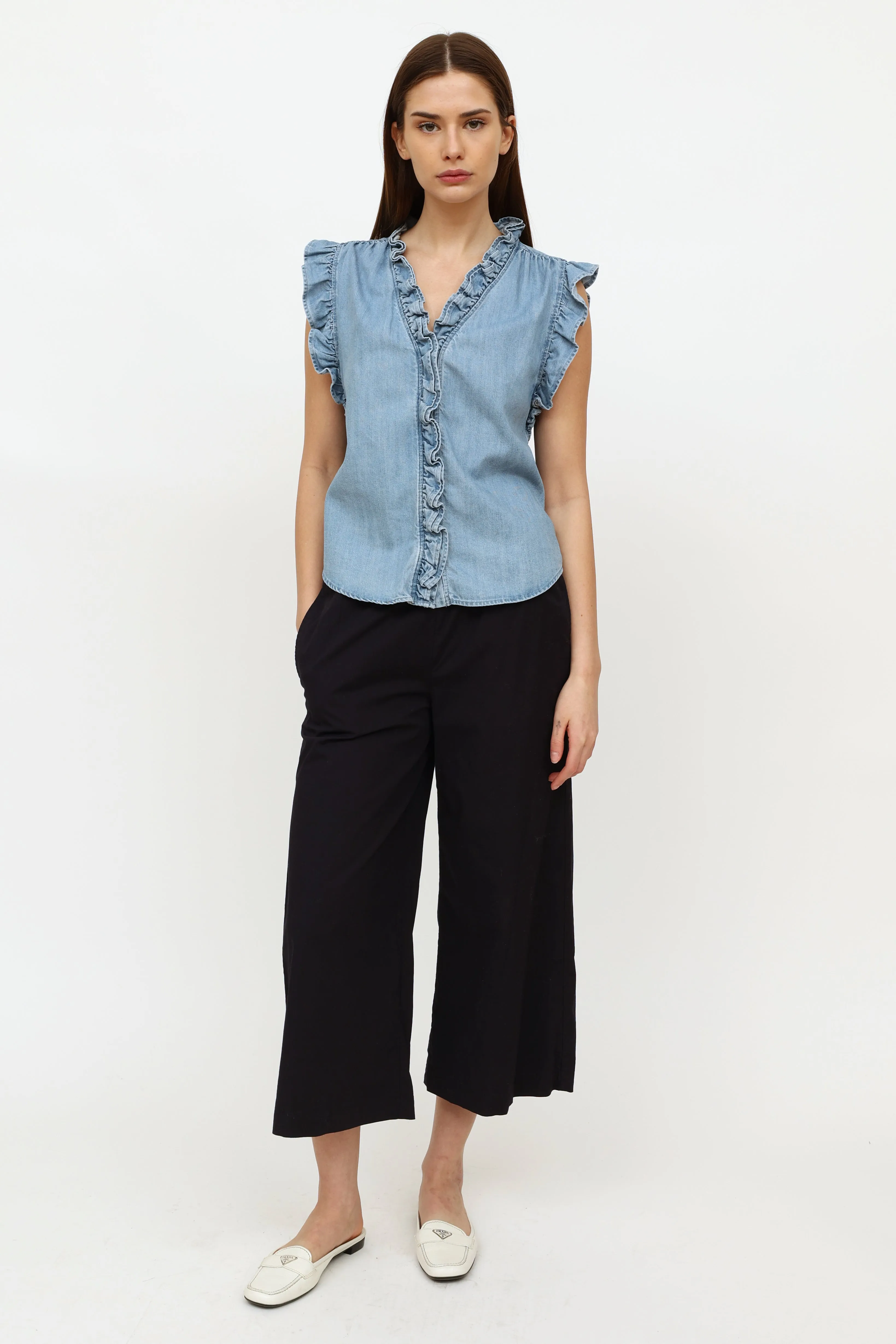 Blue Chambray Ruffle Top