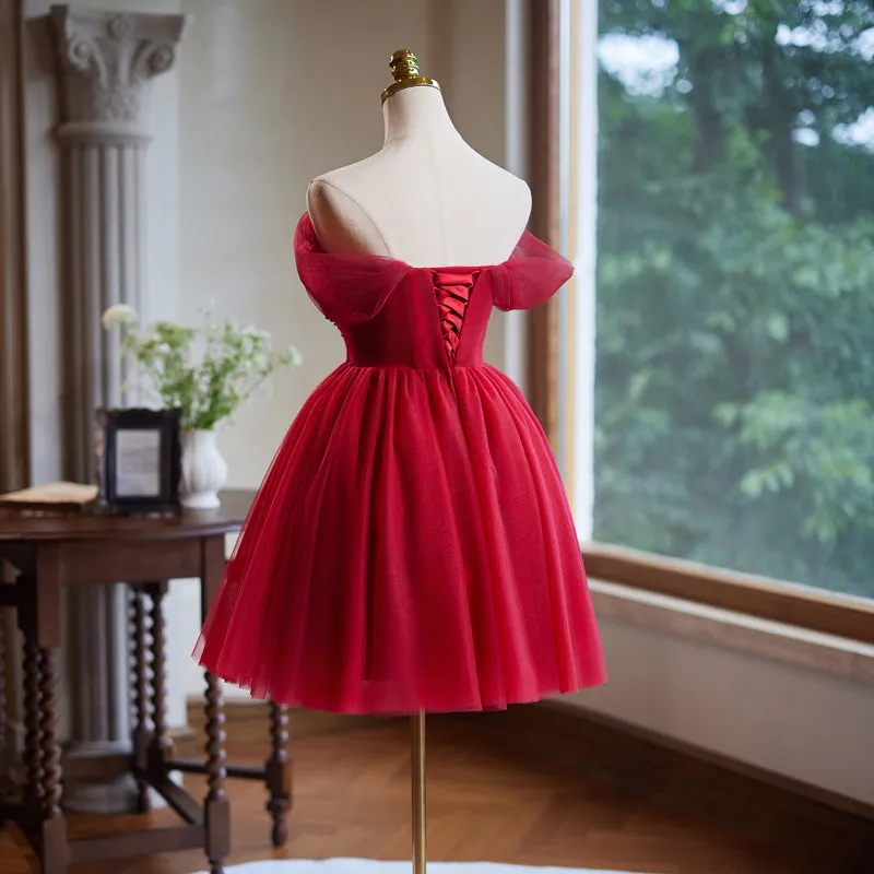 Burgundy Tulle Off the Shoulder Beaded Short Homecoming Dress