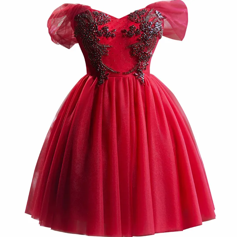Burgundy Tulle Off the Shoulder Beaded Short Homecoming Dress