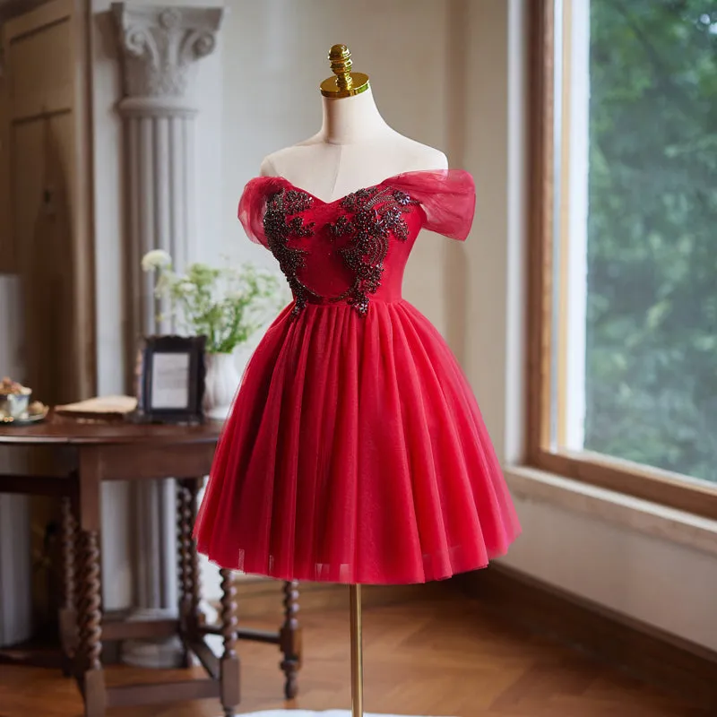 Burgundy Tulle Off the Shoulder Beaded Short Homecoming Dress