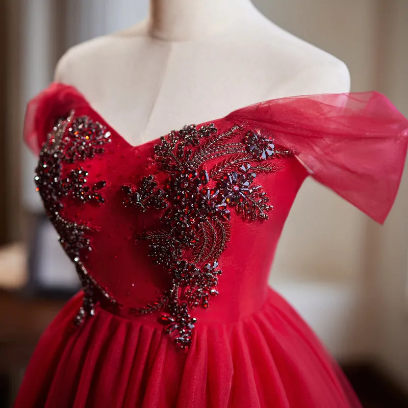 Burgundy Tulle Off the Shoulder Beaded Short Homecoming Dress